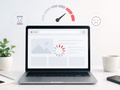 10 Erros que matam o desempenho do teu site (e como corrigir) Mais focado em SEO , laptop com símbolo de processamento e relògio 10 erros que matam o desempenho do seu site.