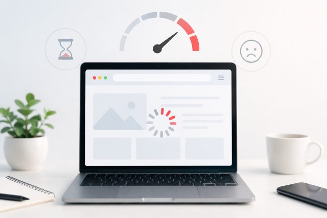 Mais focado em SEO , laptop com símbolo de processamento e relògio 10 erros que matam o desempenho do seu site.